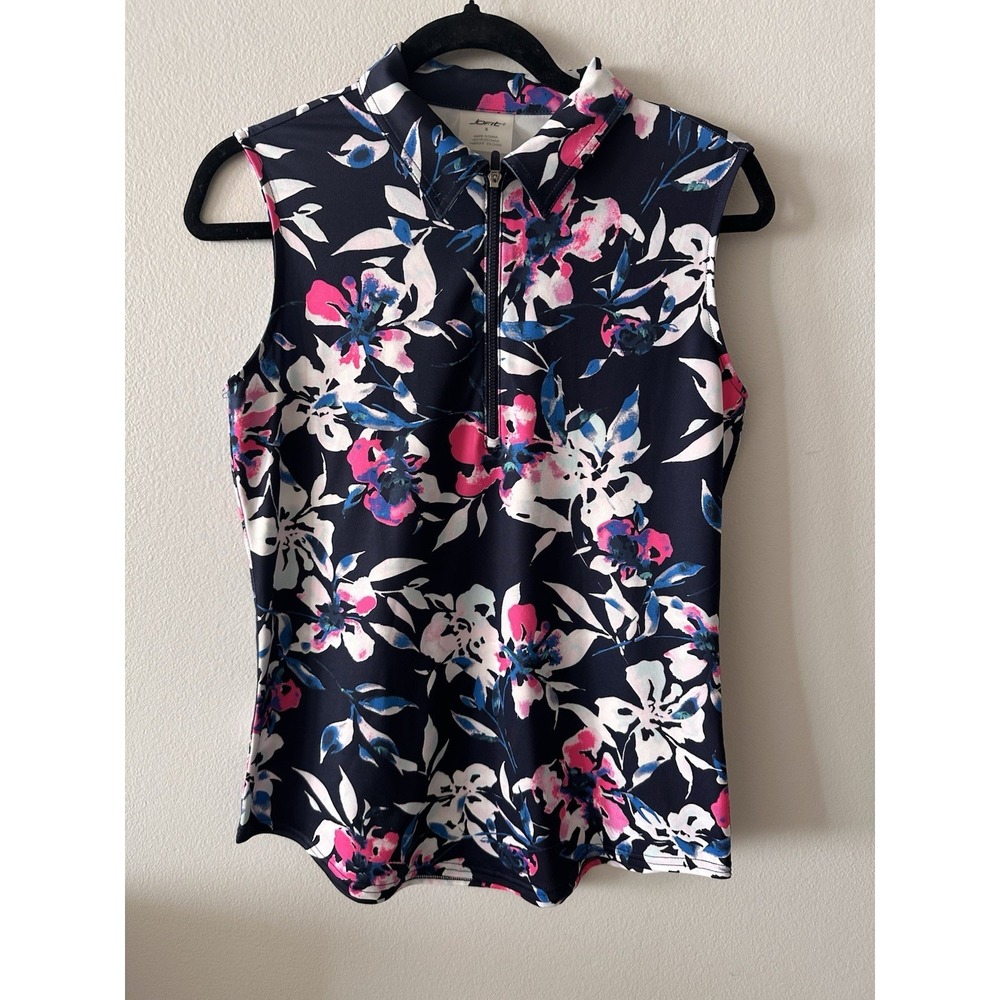 Jofit Womens Lightweight Blue Floral Sleeveless Golf Polo Shirt 1/4 Zip Size S